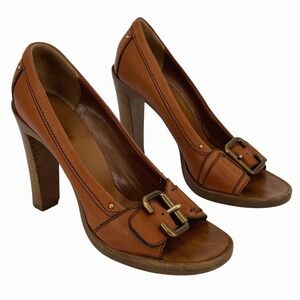 Chloe Leather Buckle Heels Size 39.5 Camel Brown Peep Toe Block Heel Designer